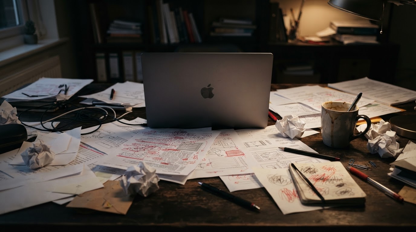 Cluttered messy desk representing scattered credit research chaos
