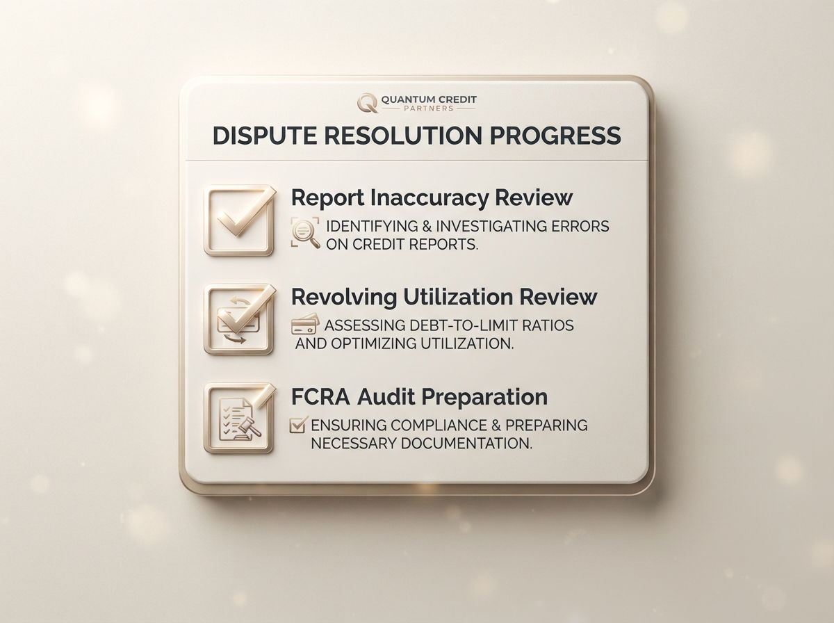 Three-step credit review checklist: report inaccuracy review, revolving utilization review, and FCRA audit preparation