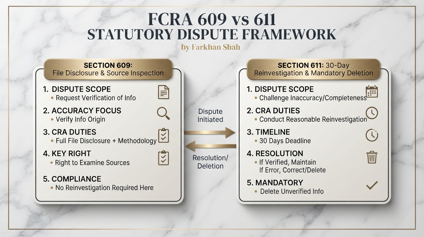 High-contrast legal infographic comparing FCRA Section 609 file disclosure rights against Section 611 30-day reinvestigation mandates, created by Farkhan Shah, Chief AI Architect at Everything AI LLC.
