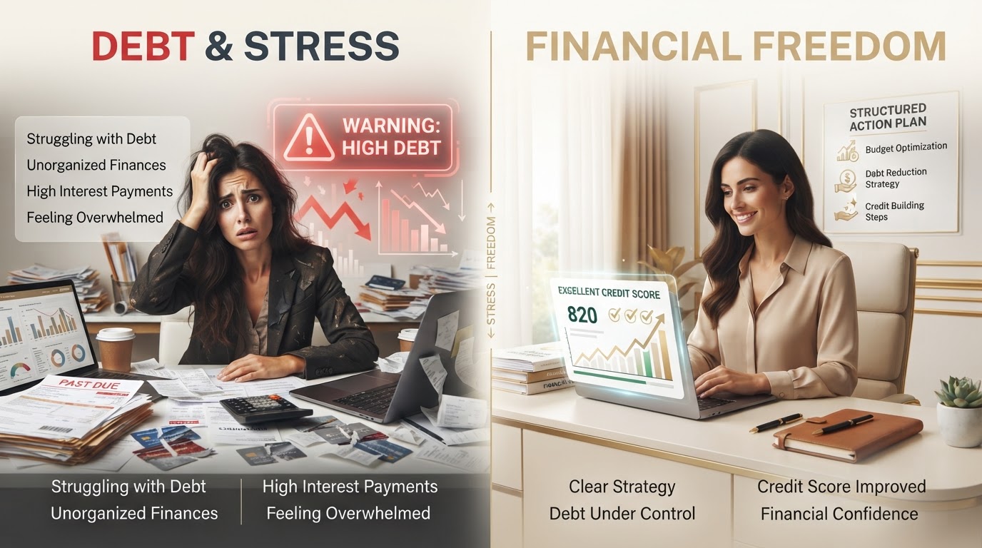 Side-by-side comparison of disorganized DIY credit panic versus organized weekend credit readiness approach