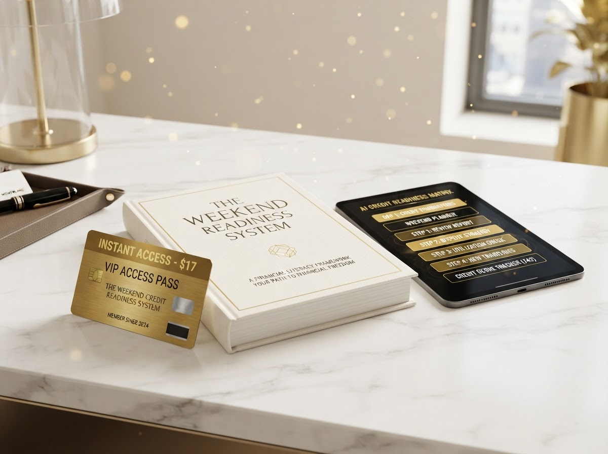 The Weekend Credit Readiness System 3D product bundle with workbook, tablet, and gold VIP access card