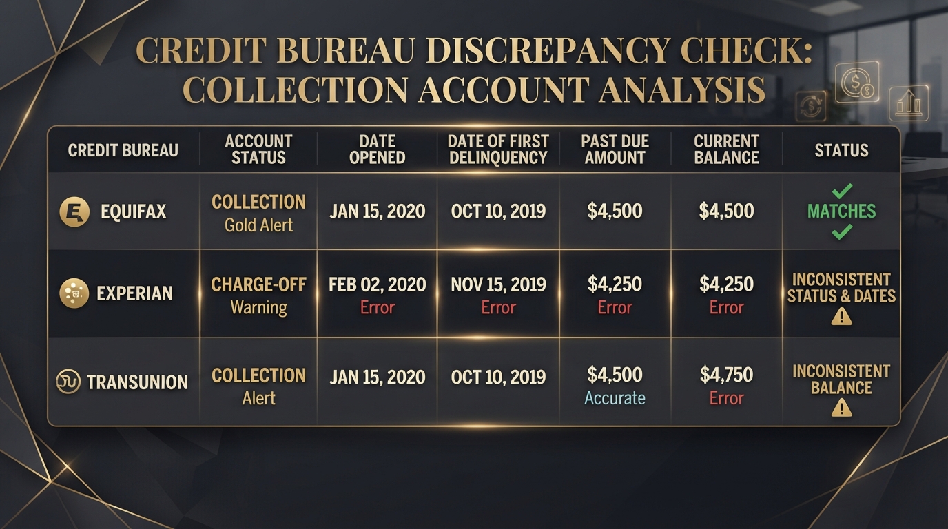 Comparison table showing data field mismatches across Equifax, Experian, and TransUnion credit reports.