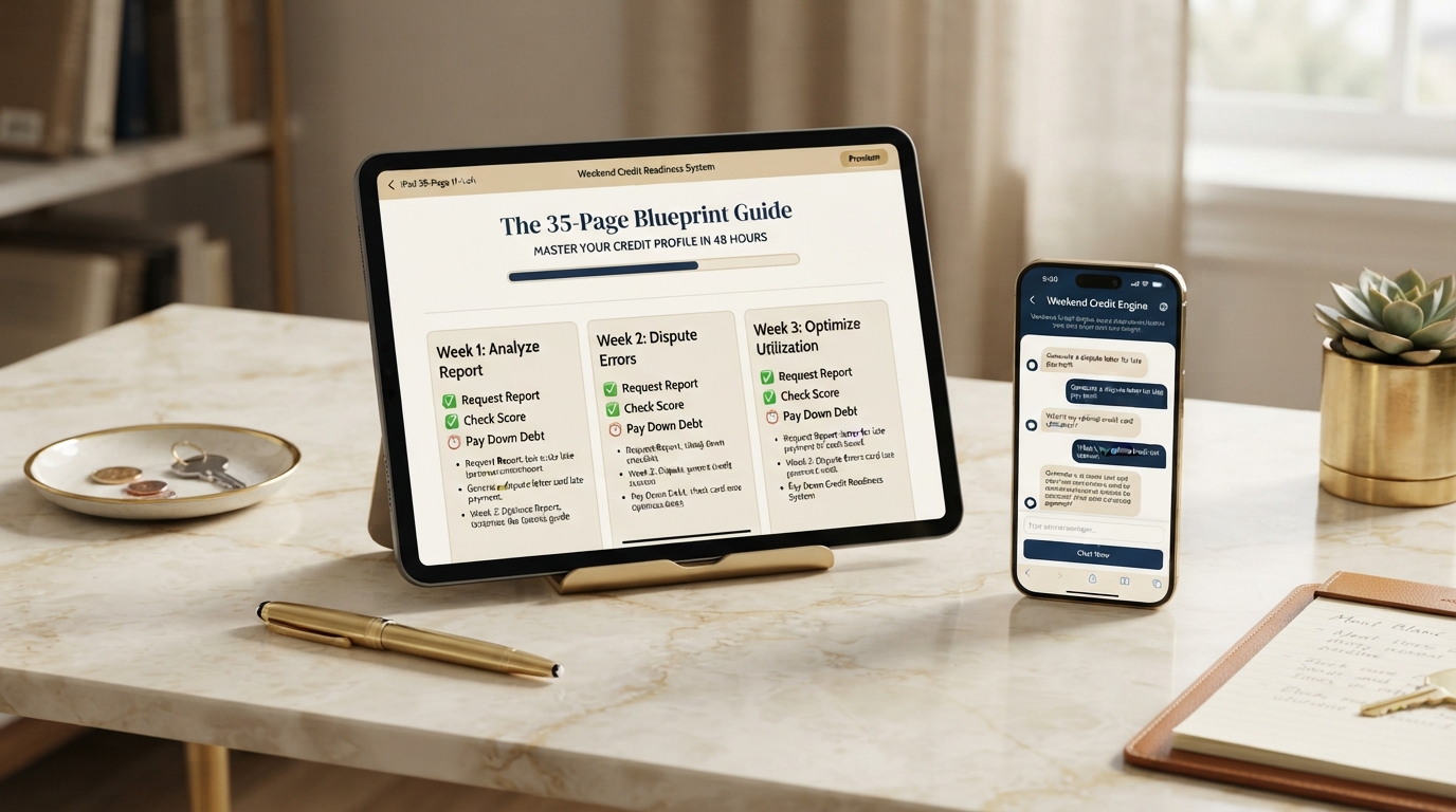 The Weekend Credit Readiness System 35-page blueprint and AI prompt engine displayed on a tablet