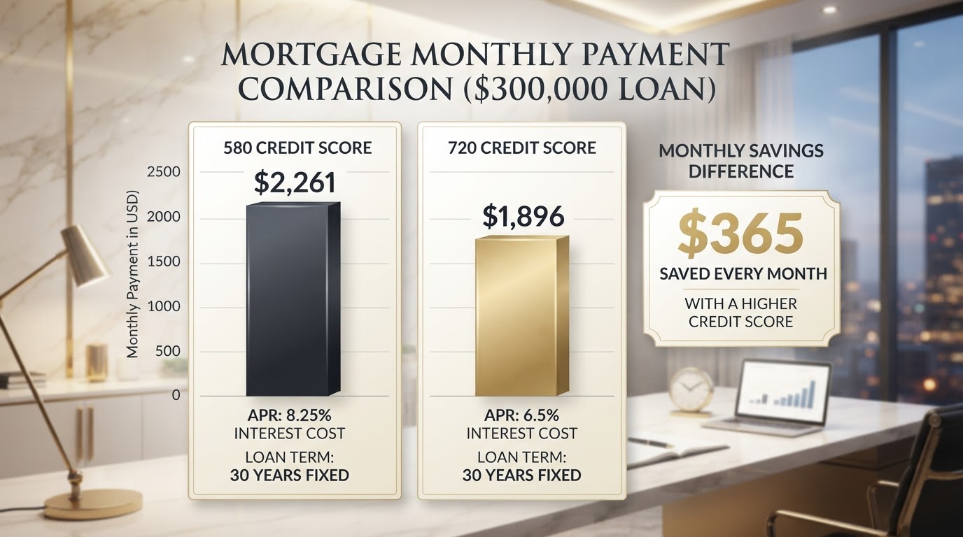 $300,000 mortgage monthly payment comparison chart showing 580 credit score vs 720 credit score interest rate savings