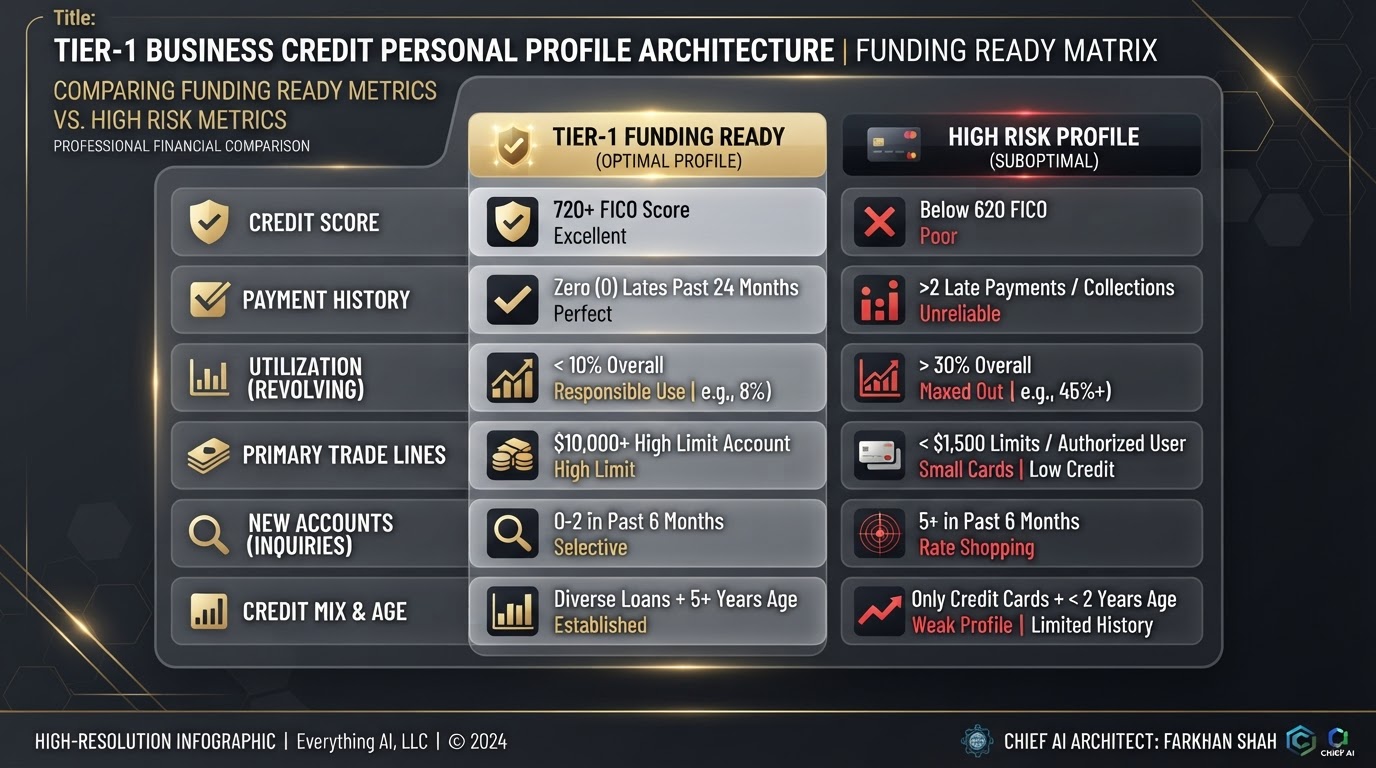 Comparison matrix showing personal credit profile requirements for tier 1 business credit card approvals.