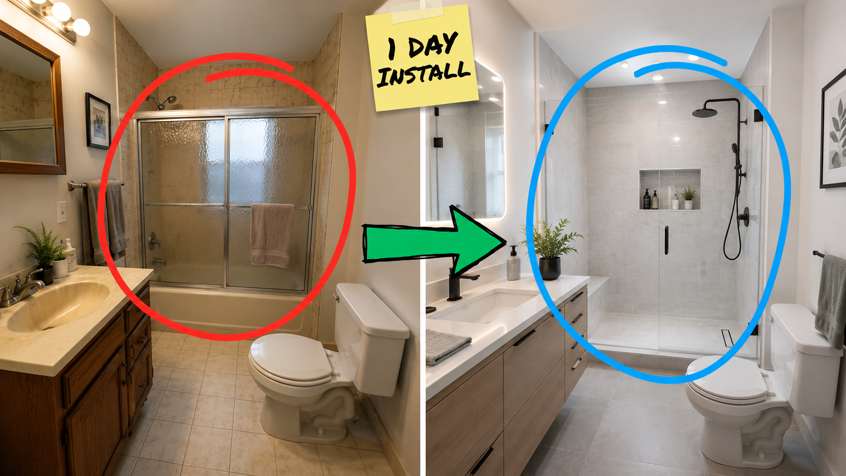 Bathroom before and after: old tub replaced with a walk-in shower, 1 day install