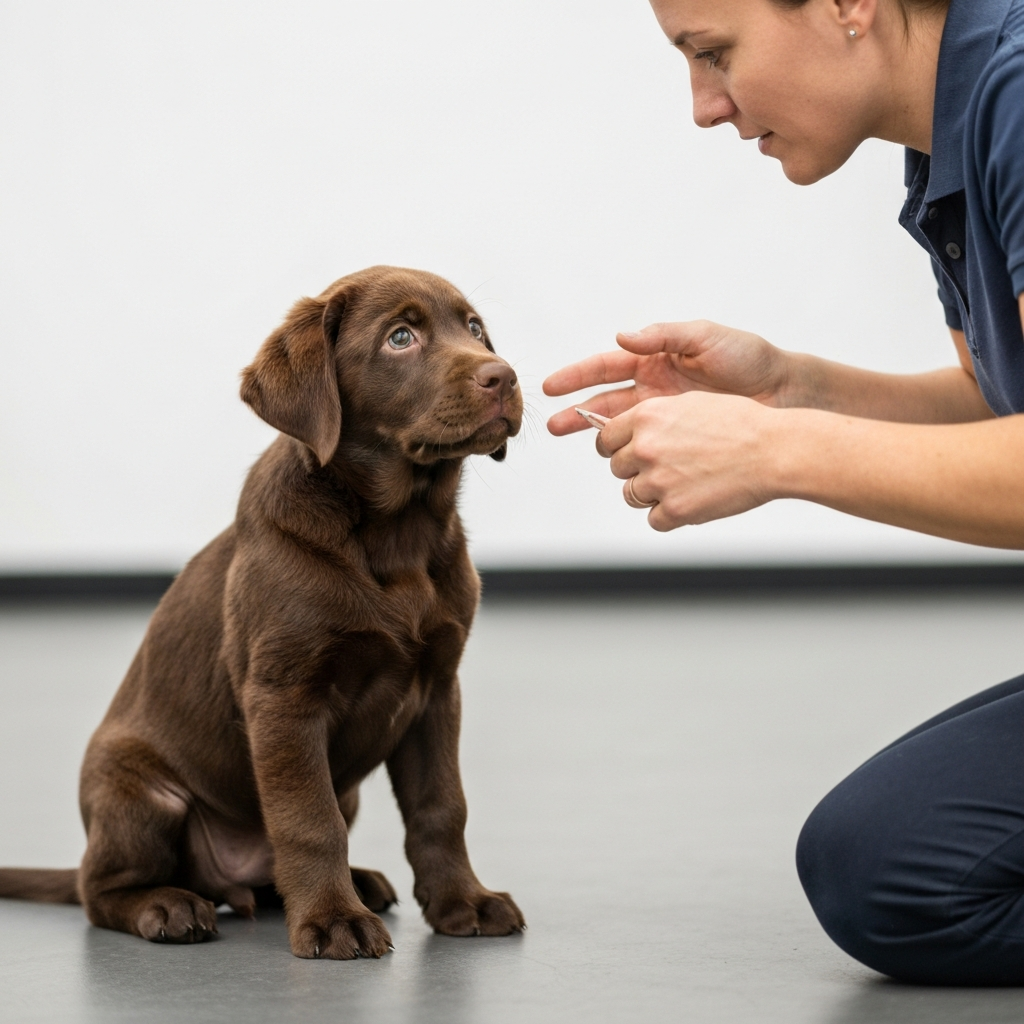 Very young short-haired Labrador puppy looking attentively at trainer