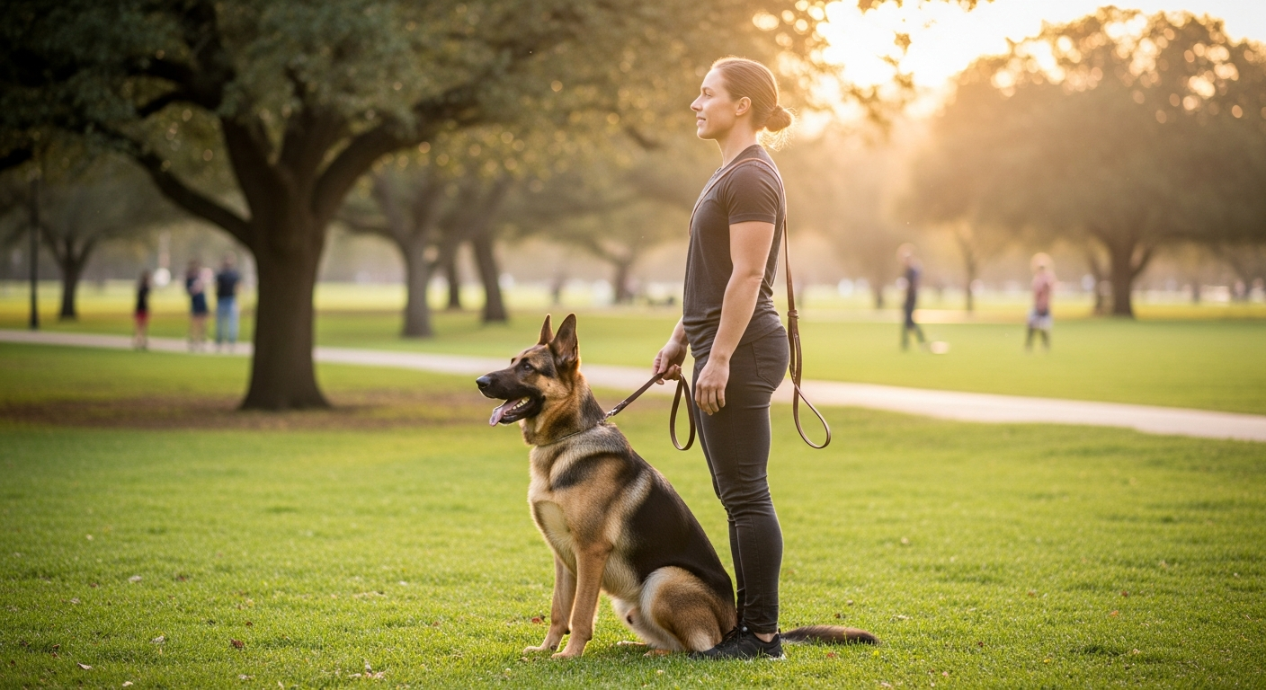 Calm, well-behaved German Shepherd sitting perfectly still