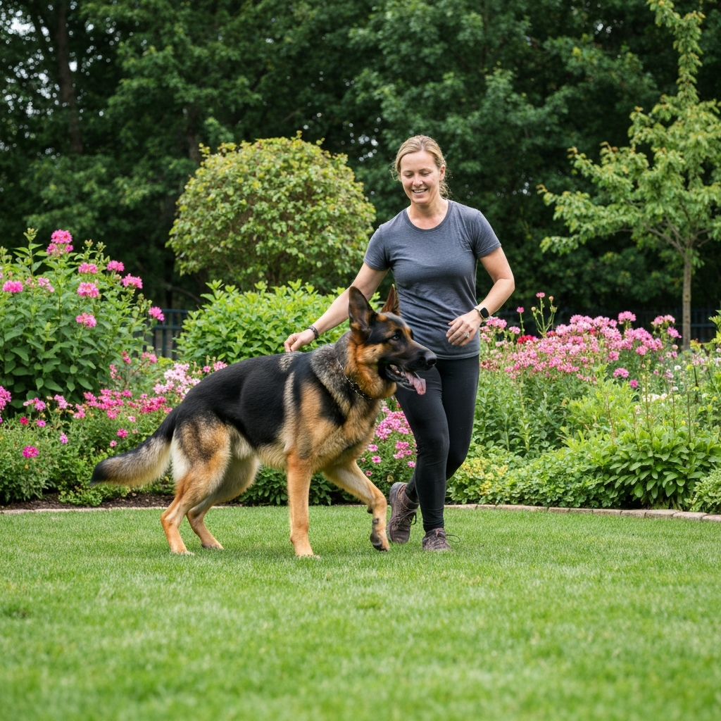 German Shepherd dog actively engaged in a training session in a backyard