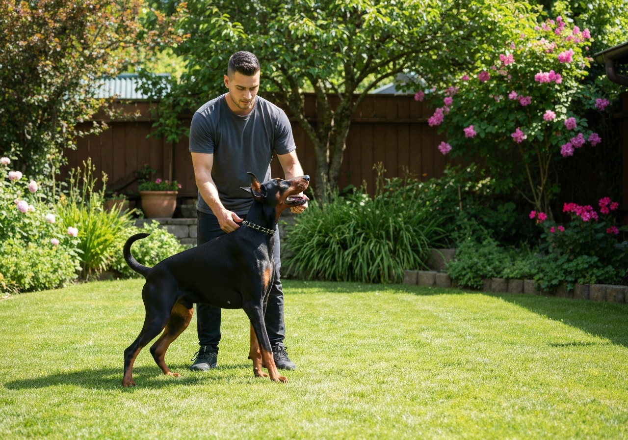 Trainer training a Doberman in an outdoor backyard