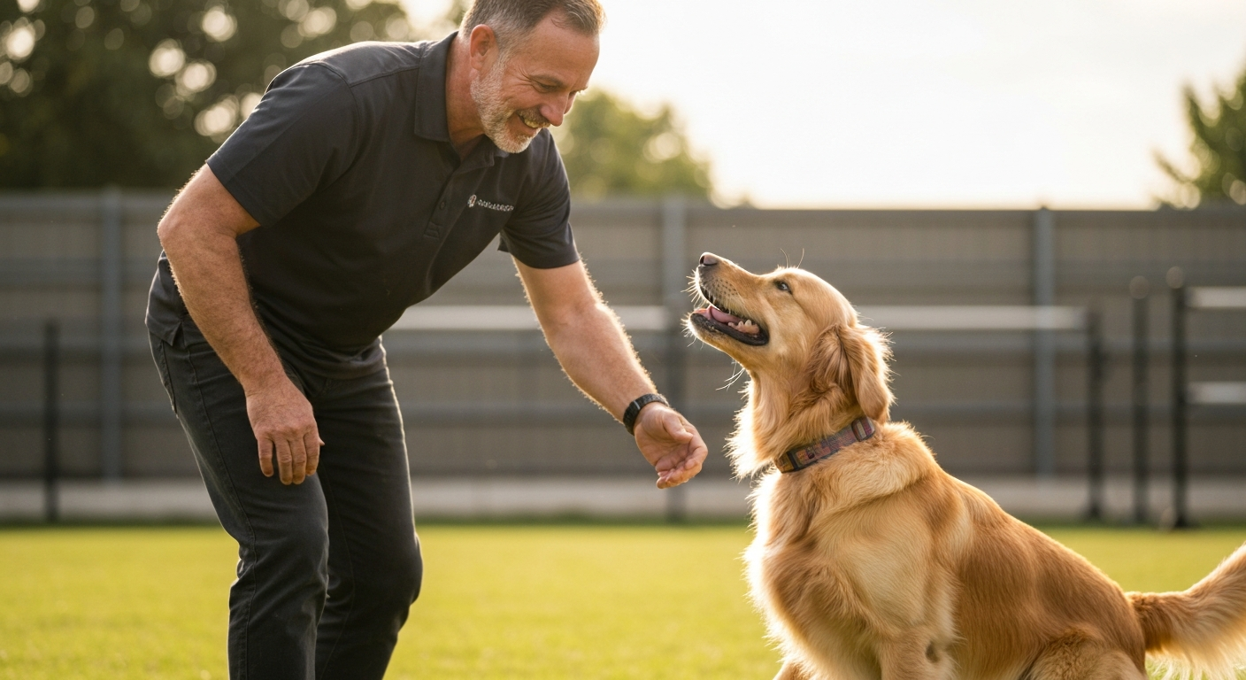 Trainer doing active behavior modification work with a dog