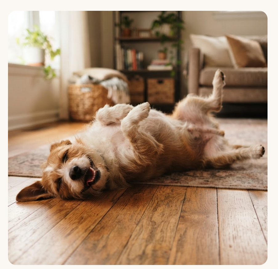 A relaxed, happy dog lying on its back indoors