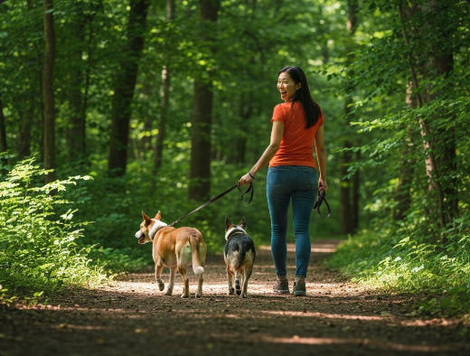 Young woman walking two dogs on a wooded trail