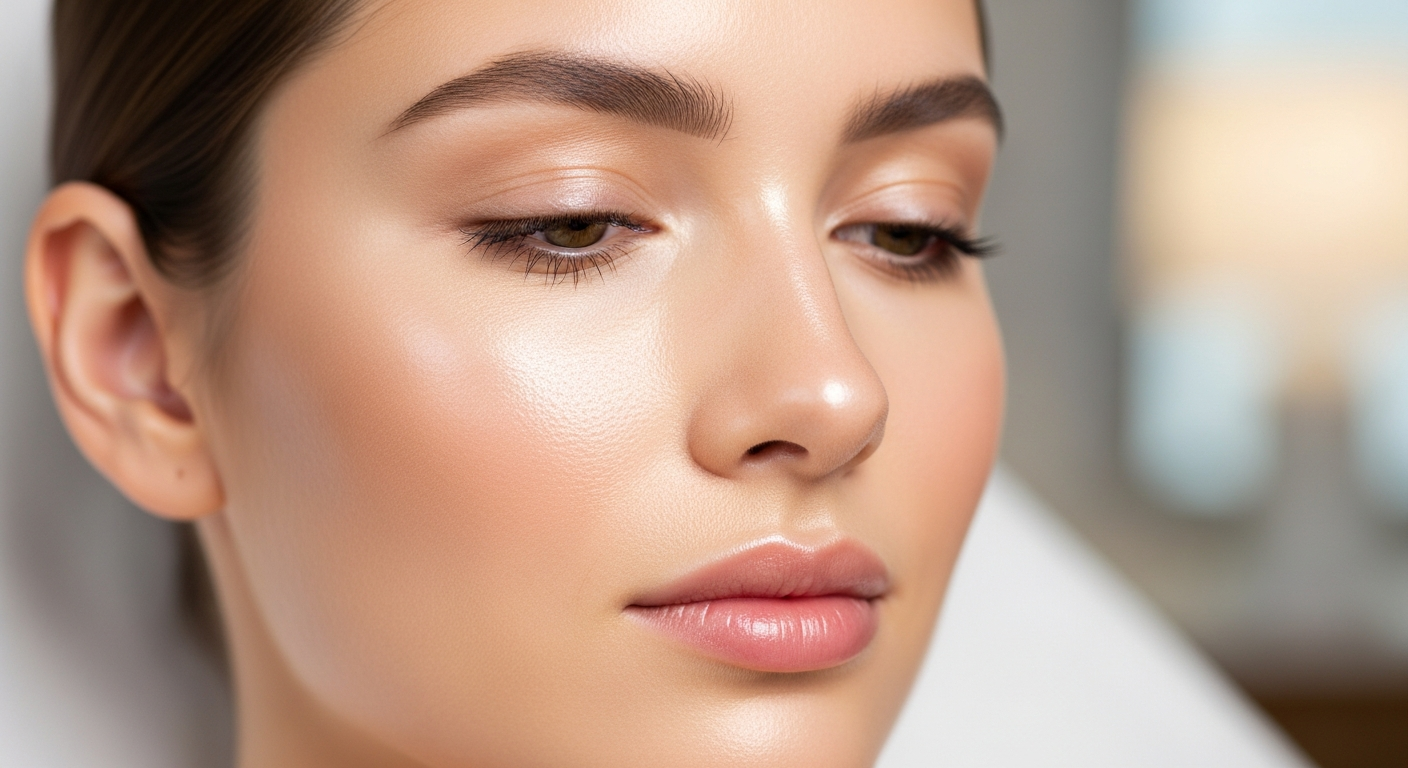 Close up of a woman's face with glowing, natural-looking skin