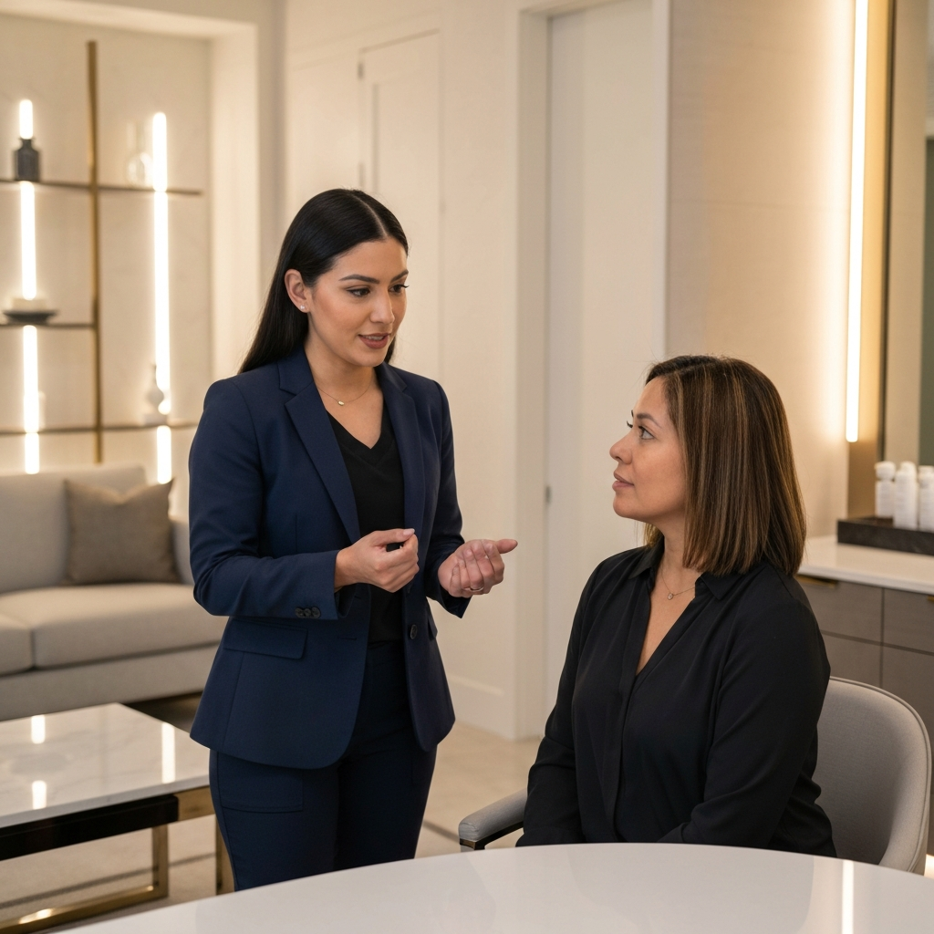 A professional aesthetician consulting with a client about facial volume enhancement in a modern, upscale medical spa