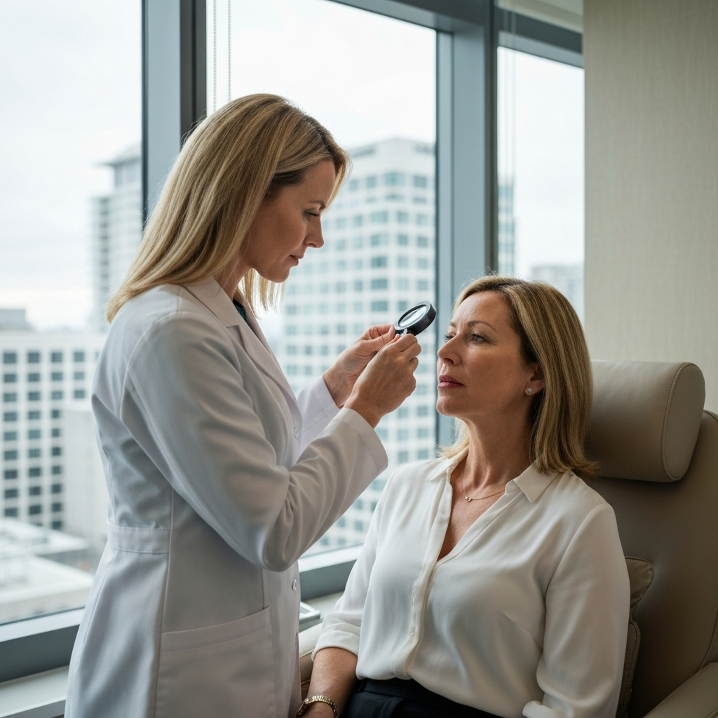A professional aesthetician examining a client's facial symmetry and lips during a consultation in a modern medical spa
