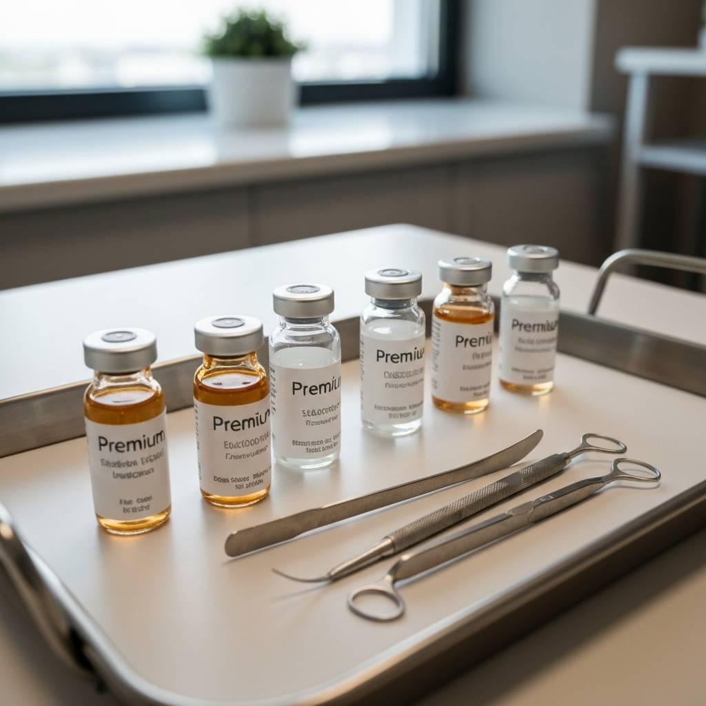 A close up of aesthetic treatment vials and sterile equipment on a clinical tray in a modern medical spa