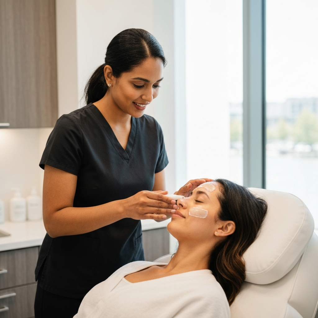 A professional aesthetician applying a clarifying skincare treatment to a client's face in a bright, clean medical spa