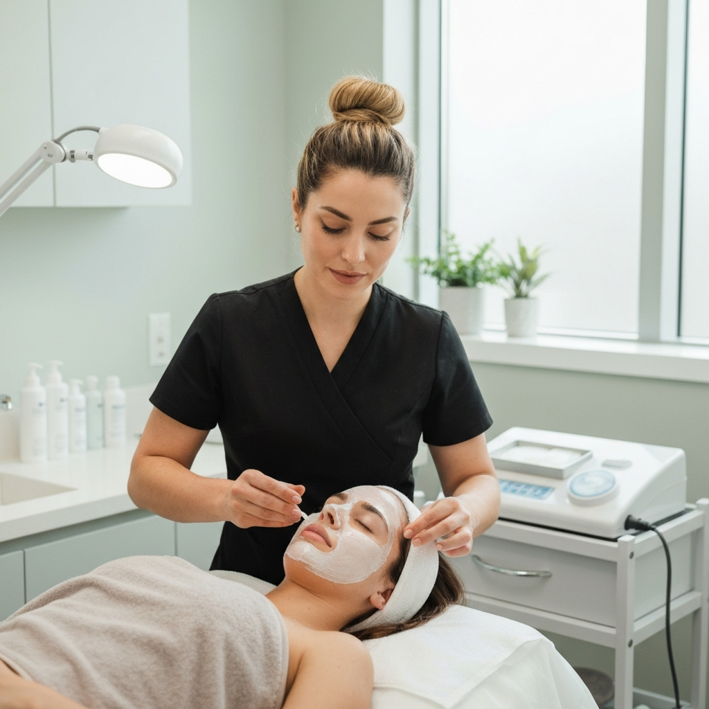 A professional aesthetician performing a hydrating facial treatment on a client in a clean, bright, upscale medical spa