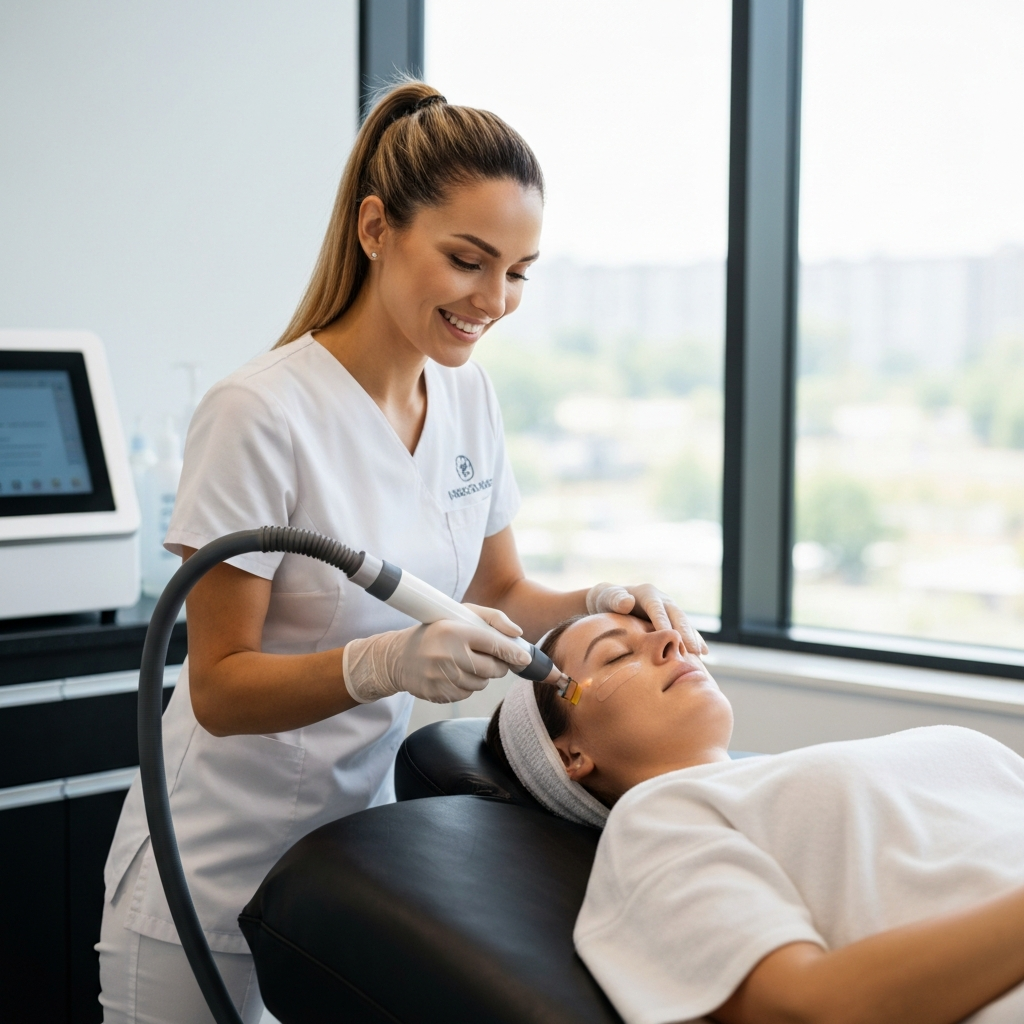 A professional aesthetician performing a skin rejuvenation treatment on a client's face in a modern medical spa
