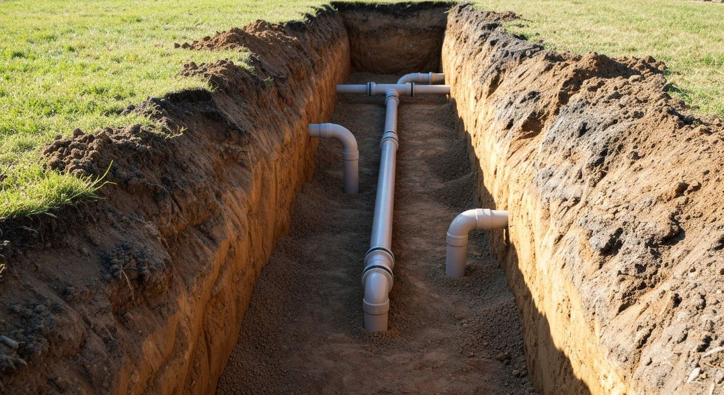 New underground sewer pipe professionally installed in excavated trench in Longmont