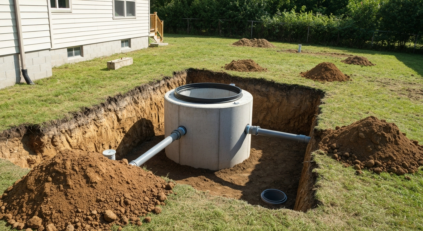 Septic tank placed and connected with inlet and outlet piping near Longmont