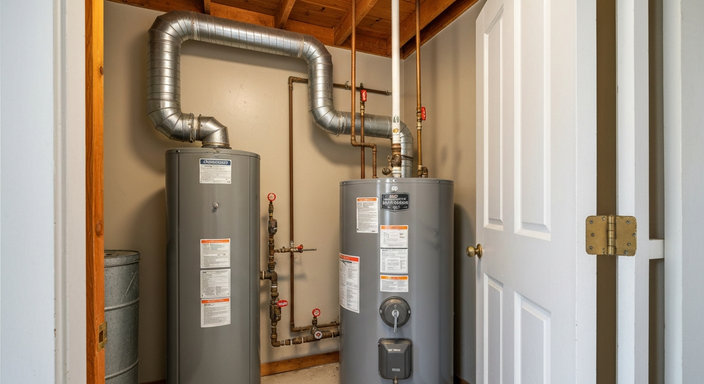Old storage tank water heater before tankless installation in Longmont