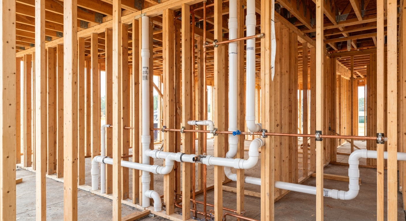 Organized plumbing rough-in installed in new construction framing in Longmont