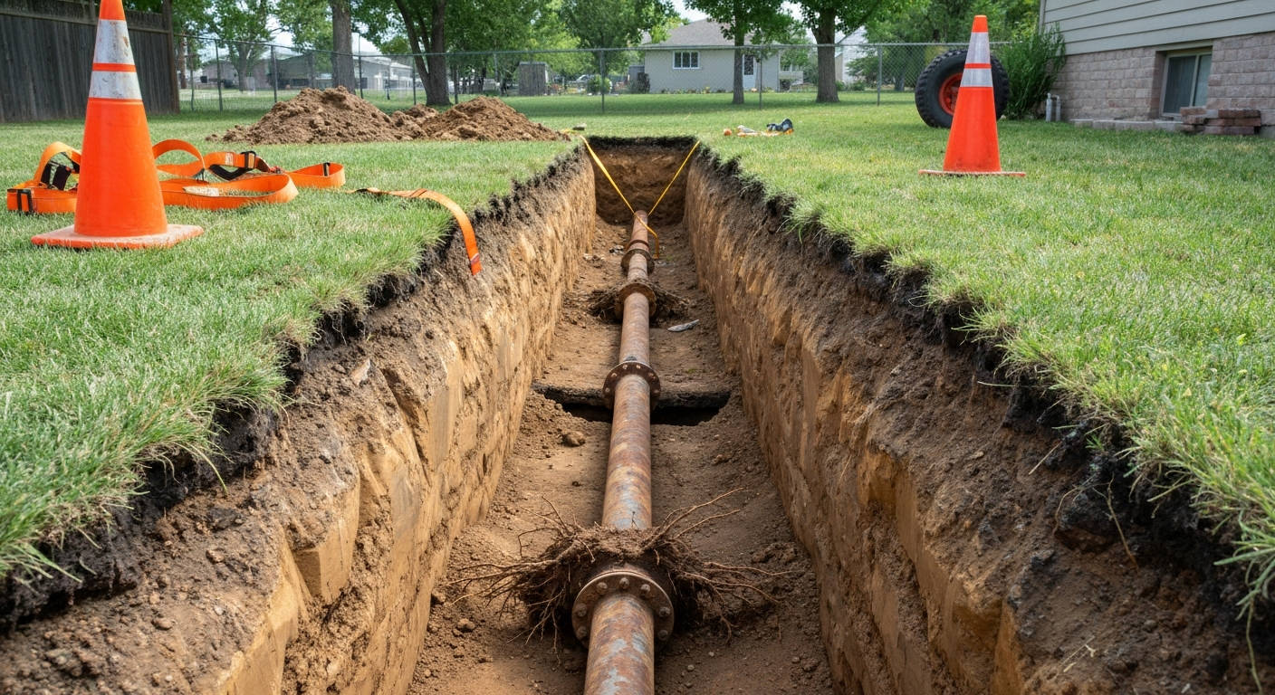 Excavated trench with deteriorated underground sewer pipe and root intrusion in Longmont