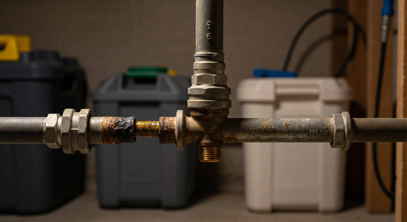 Corroded leaking residential pipe and failed valve before plumbing repair near Longmont