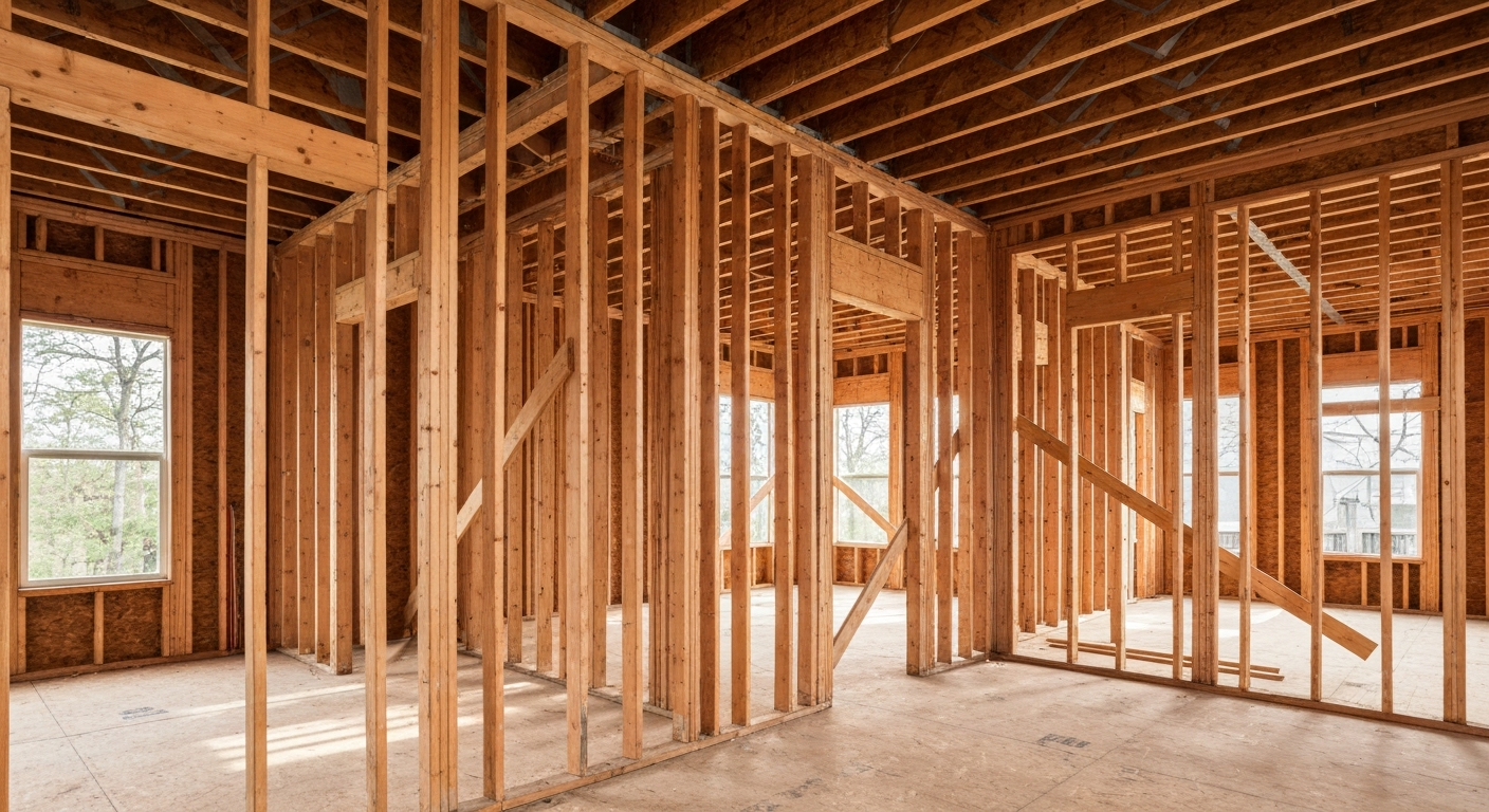 Open residential framing before new construction plumbing rough-in in Longmont