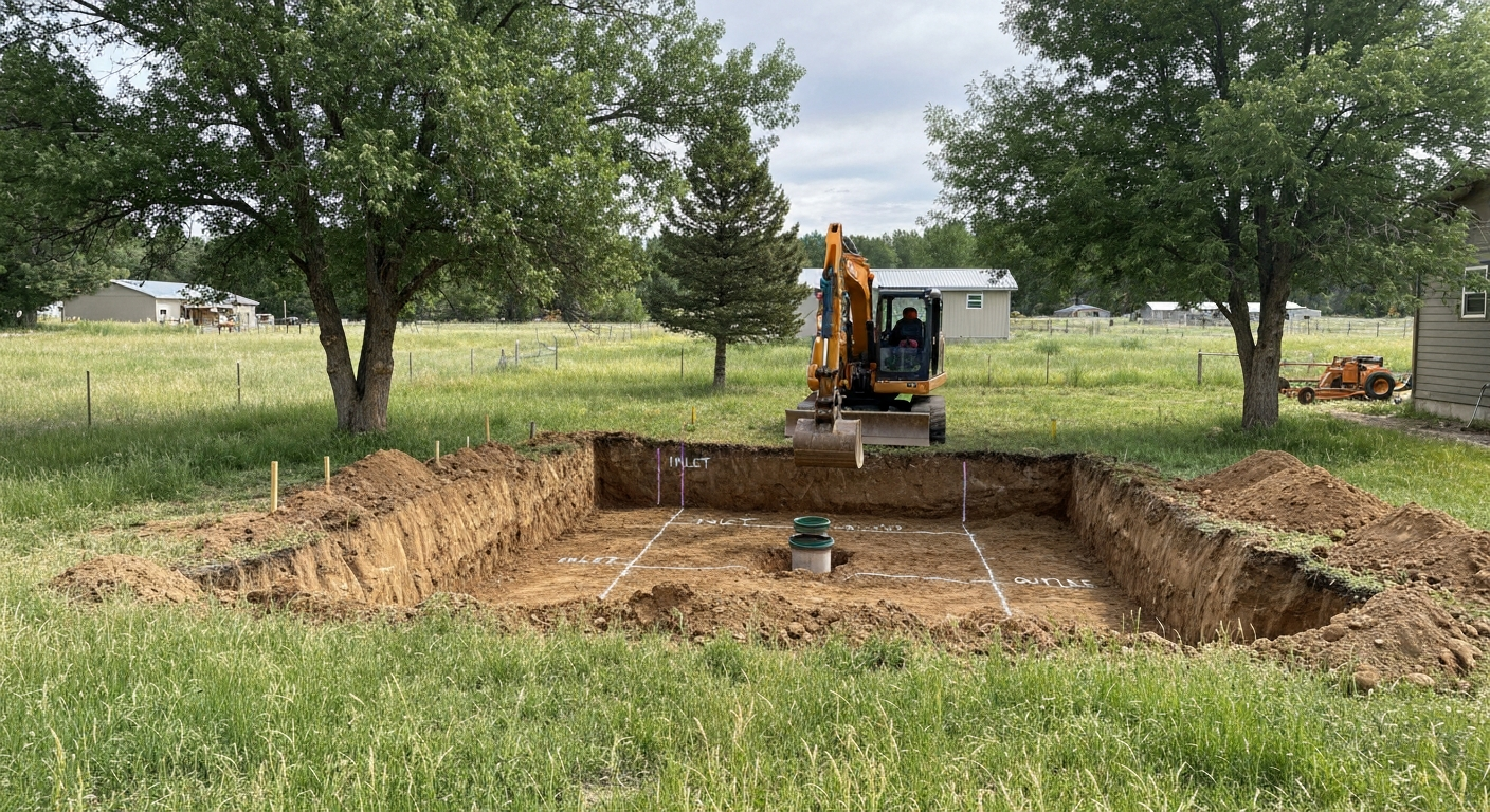 Excavation site prepared for septic tank installation near Longmont