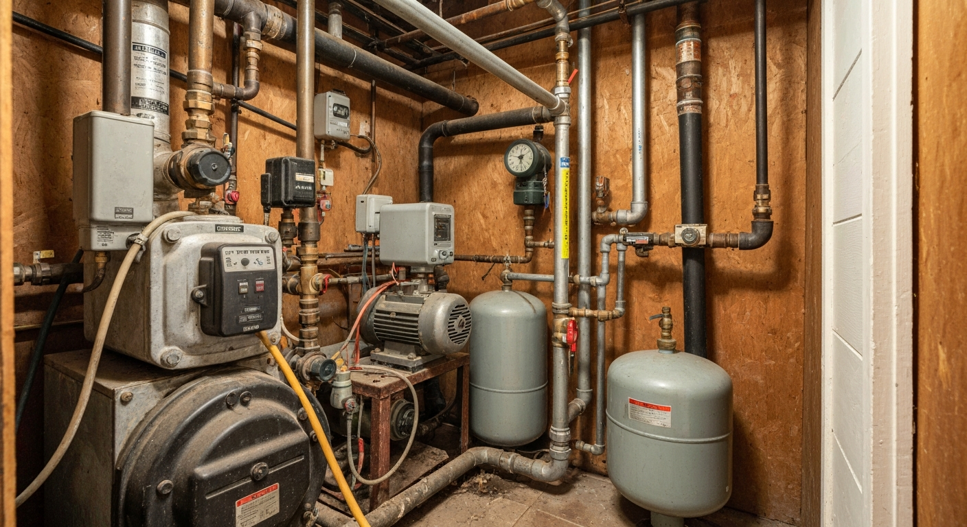 Older aging boiler and hydronic mechanical room before replacement near Longmont