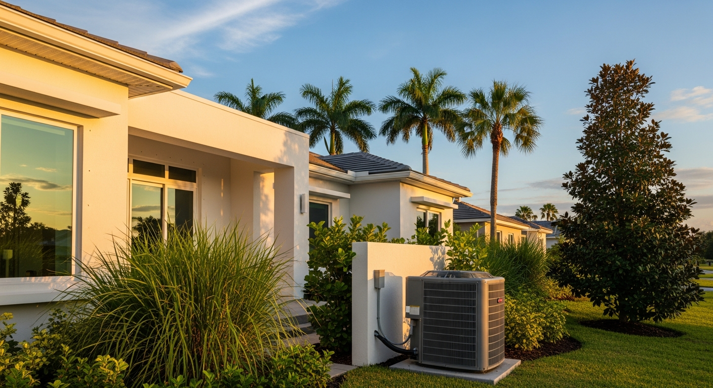 Bright sunlit exterior of a modern Florida home with a new outdoor HVAC condenser unit installed during golden hour
