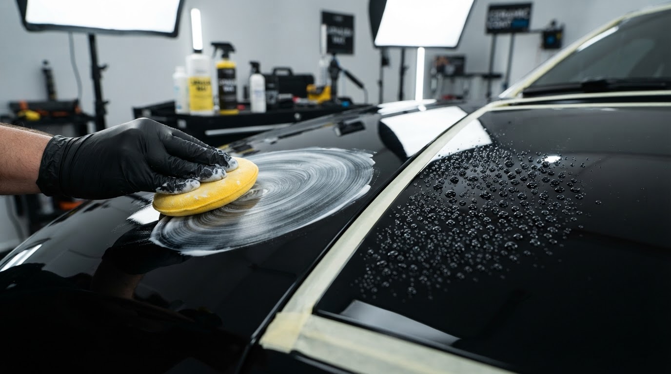 Microfiber applicator applying carnauba wax beside a water-beading ceramic-coated paint panel