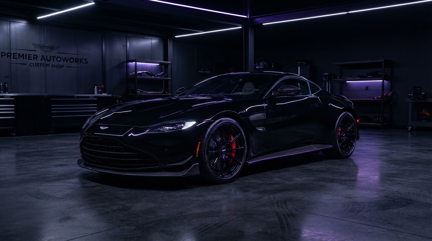 Premium vehicle in Synester Auto Lab customization facility with six service lab callouts