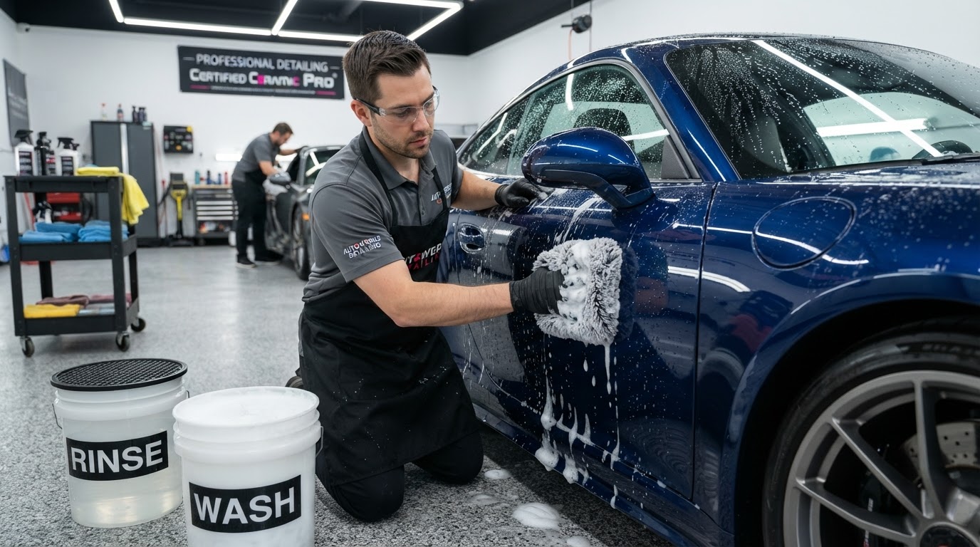 A technician hand-washing a ceramic-coated vehicle with a microfiber mitt and foam
