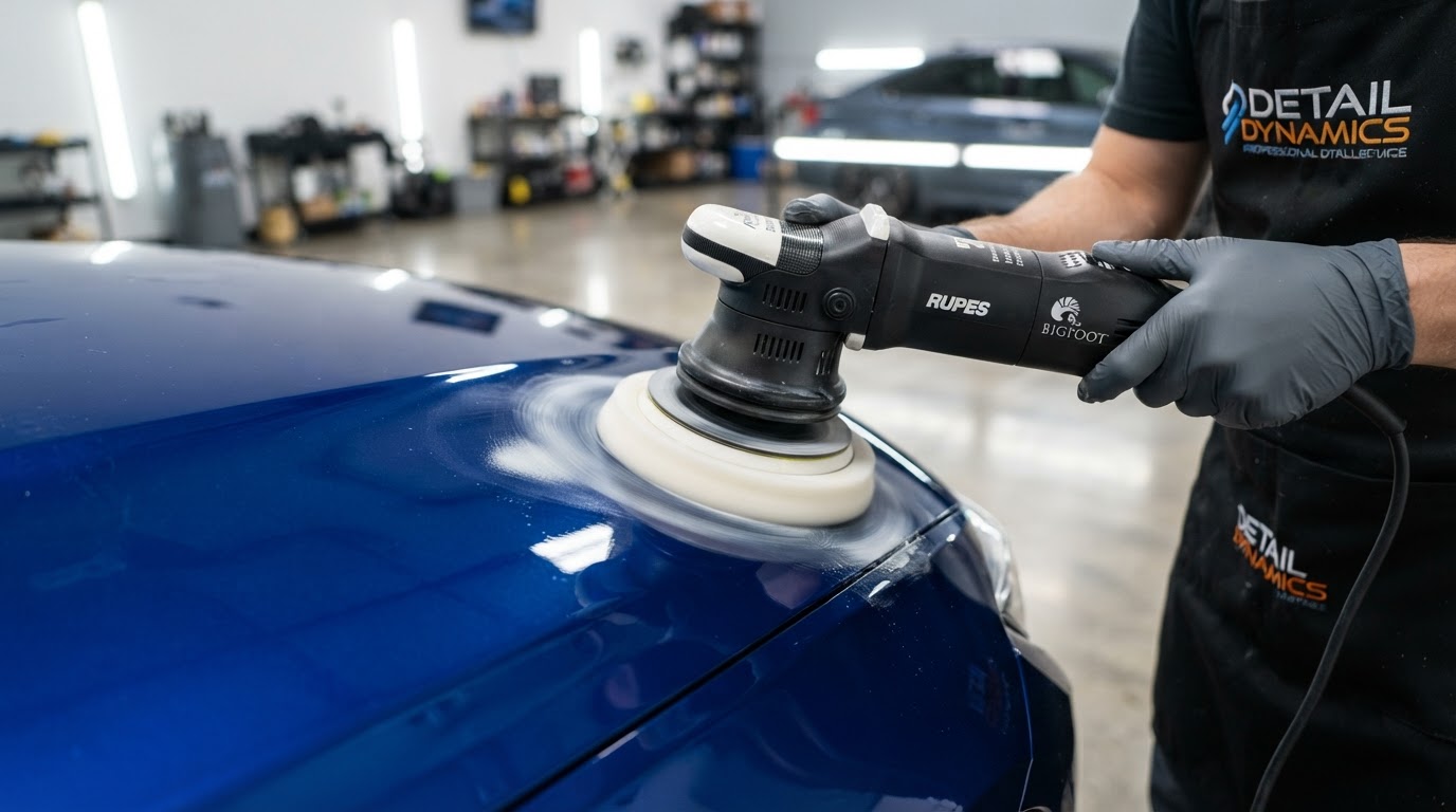 A dual-action machine polisher refining a vehicle paint panel before ceramic coating application