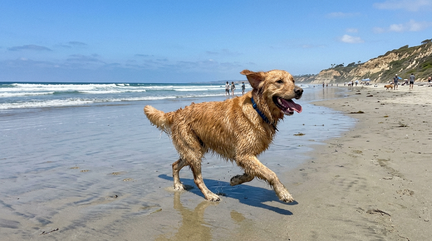 Dog training on a San Diego beach