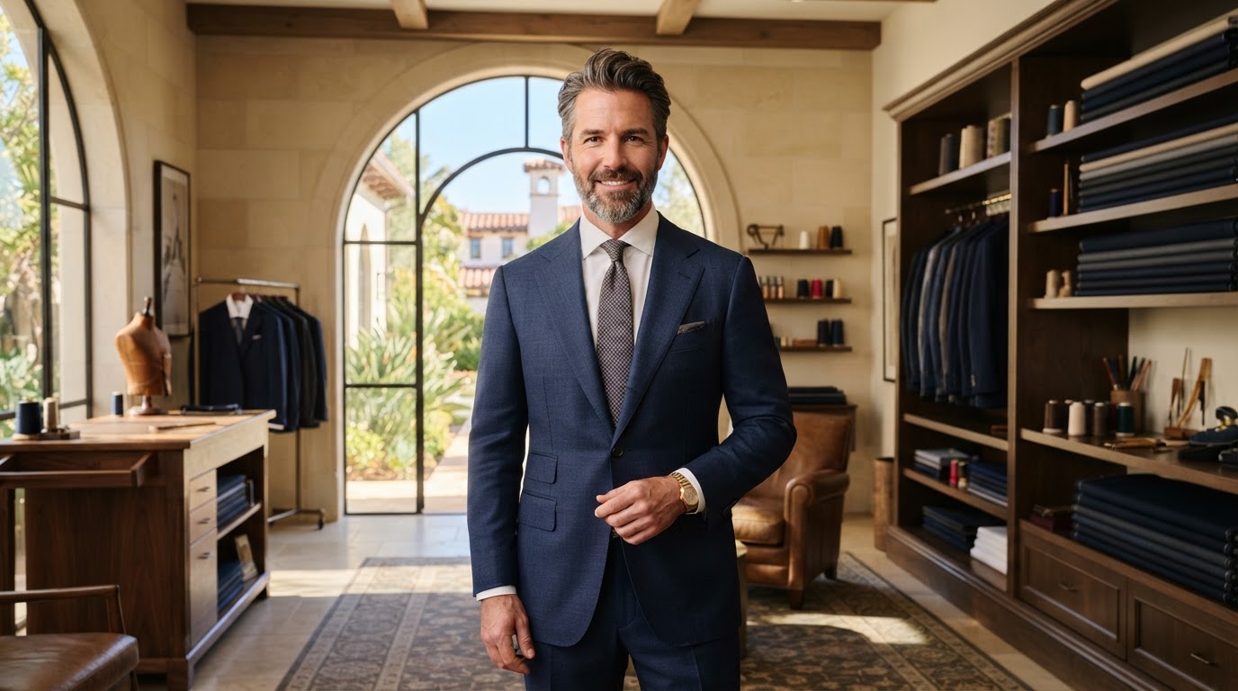 Brad Otto, master clothier, wearing a custom navy bespoke suit