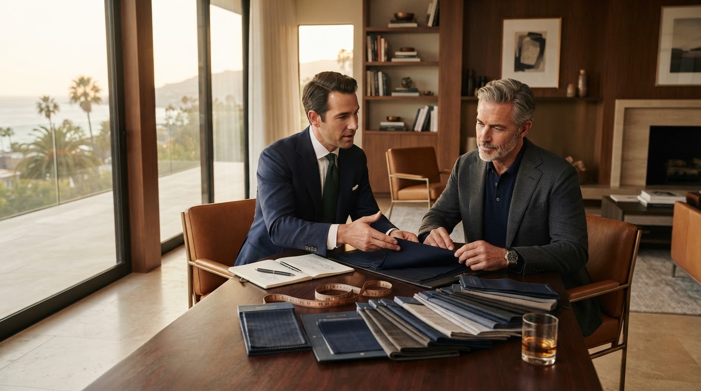 Private custom-clothing consultation with fabric swatches