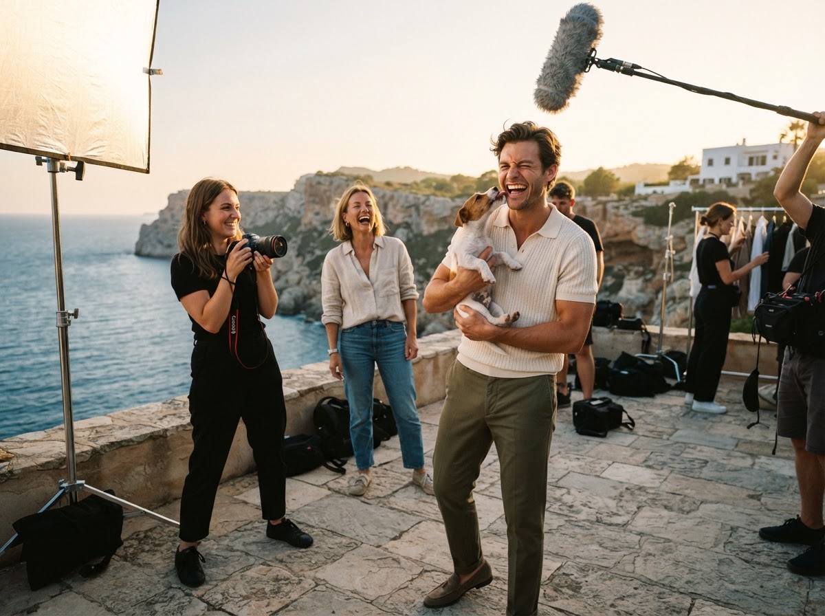 Model in knit polo with a small dog licking his face laughing