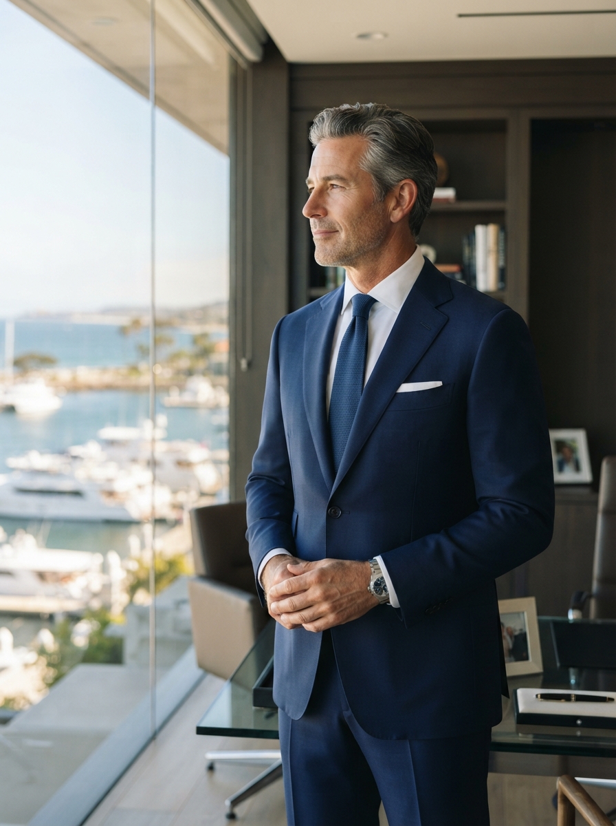 John Bradley Solid Navy Bespoke - A perfectly fitted solid deep navy bespoke suit — the foundation of every successful man's wardrobe. Crisp white shirt, refined blue tie, understated pocket square.