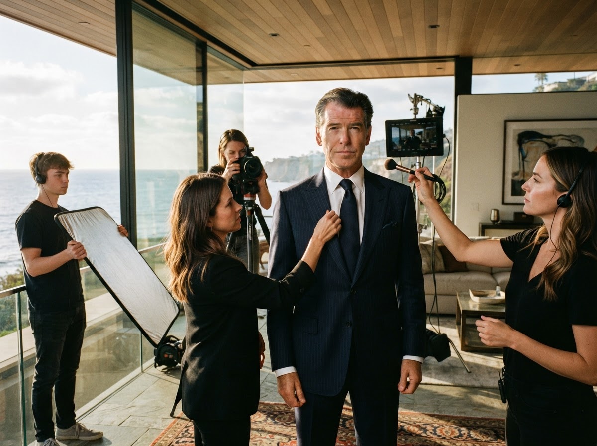 Brad Otto adjusting a navy pinstripe suit lapel on set beside the photographer