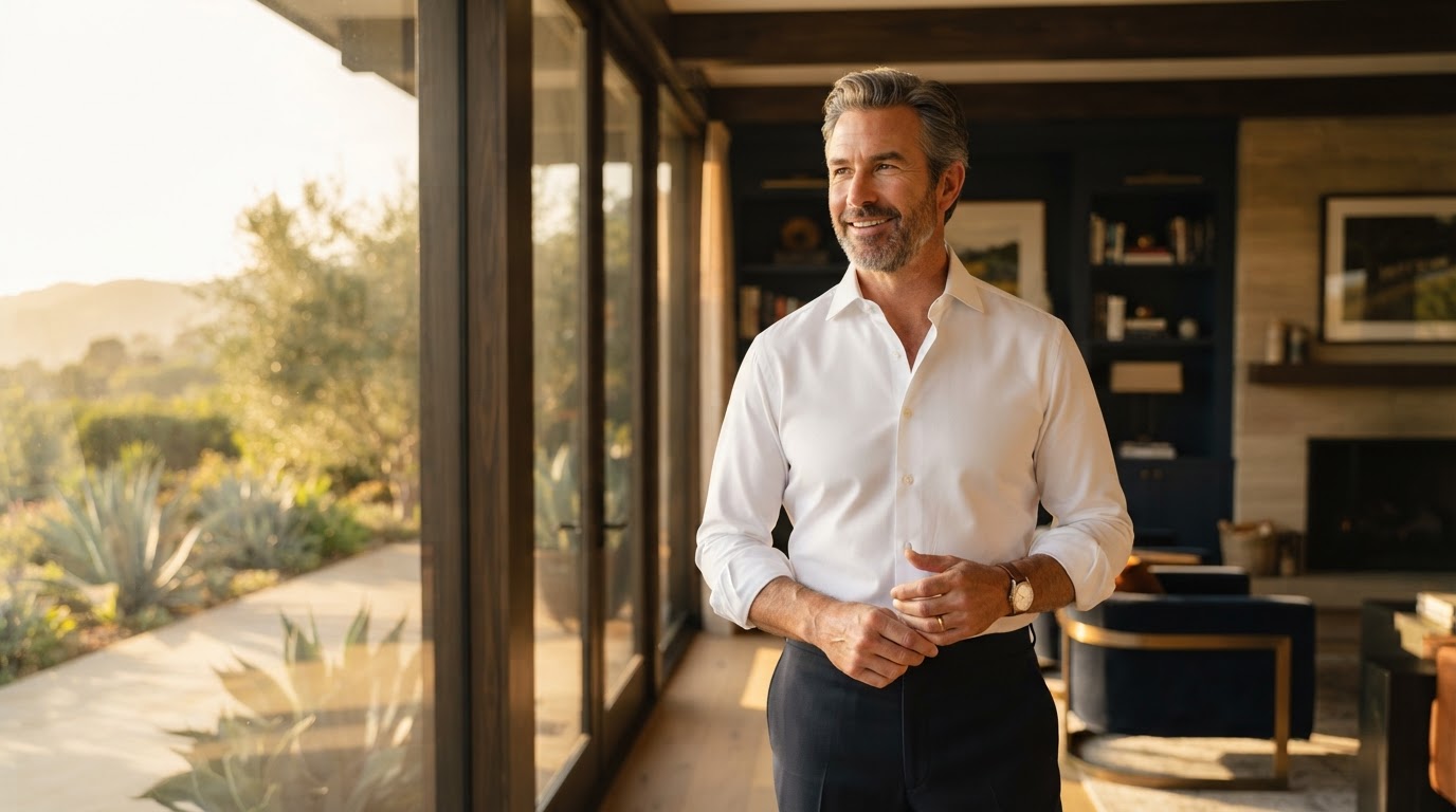 Man wearing a custom navy bespoke suit in a Southern California setting