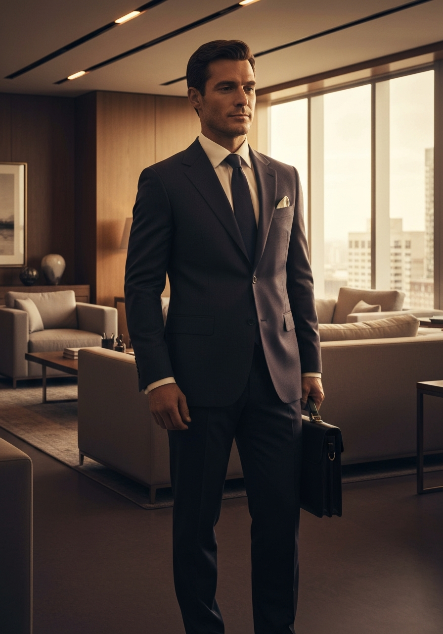 Navy custom suit on client