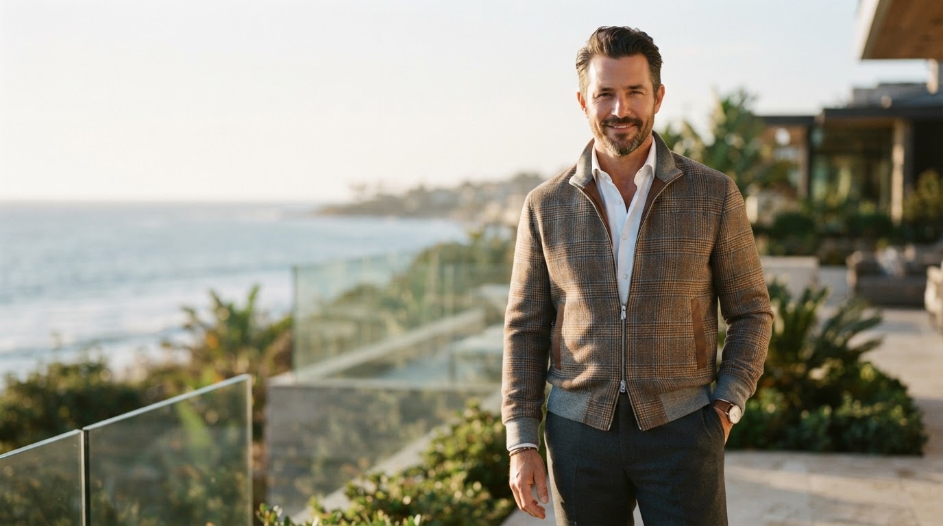 A 40-year-old man in a custom brown and grey plaid bomber jacket in a Southern California setting