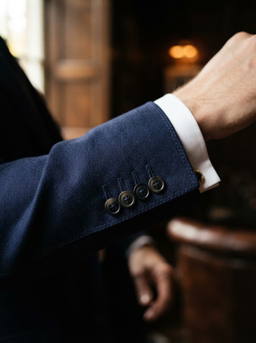 Functional surgeon's cuff buttonholes with hand-pick stitching on a bespoke navy suit sleeve