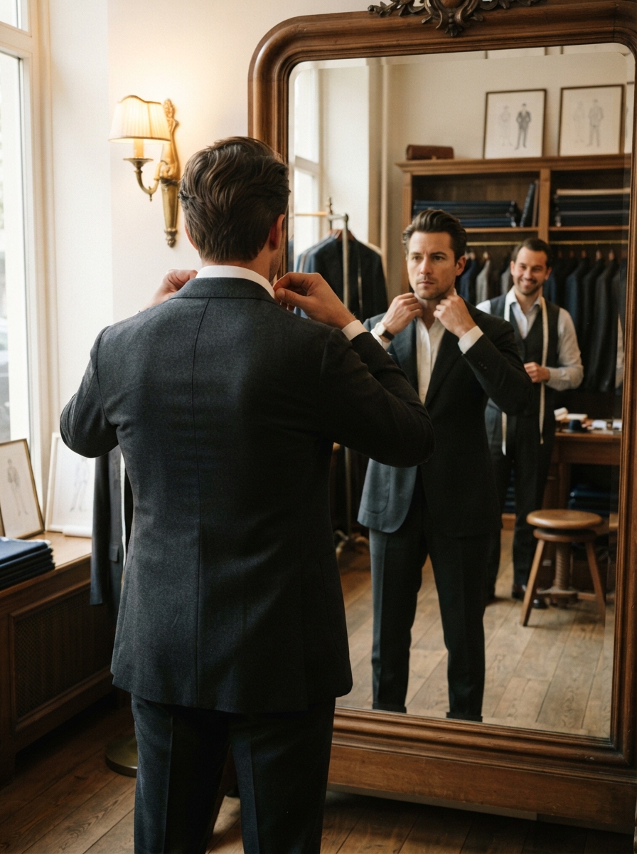 A man trying on a custom suit jacket during a private fitting