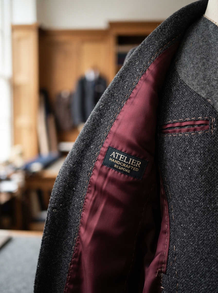 Burgundy silk lining interior detail with hand-stitched seams on a charcoal tweed sport coat